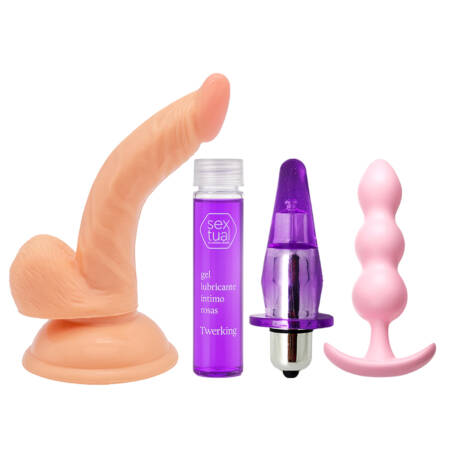 Kit con consolador curvo 13 x 2,8 cm + plug anal + dilatador vibrador + gel